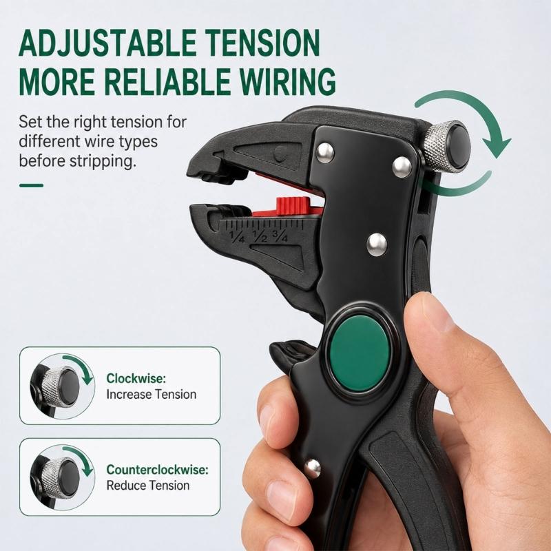 Wire Stripper and Cutter with Adjustable Insulation Length and Tension, Manual Hand Tool with a Stripping Jaw and Separate Steel Cutter