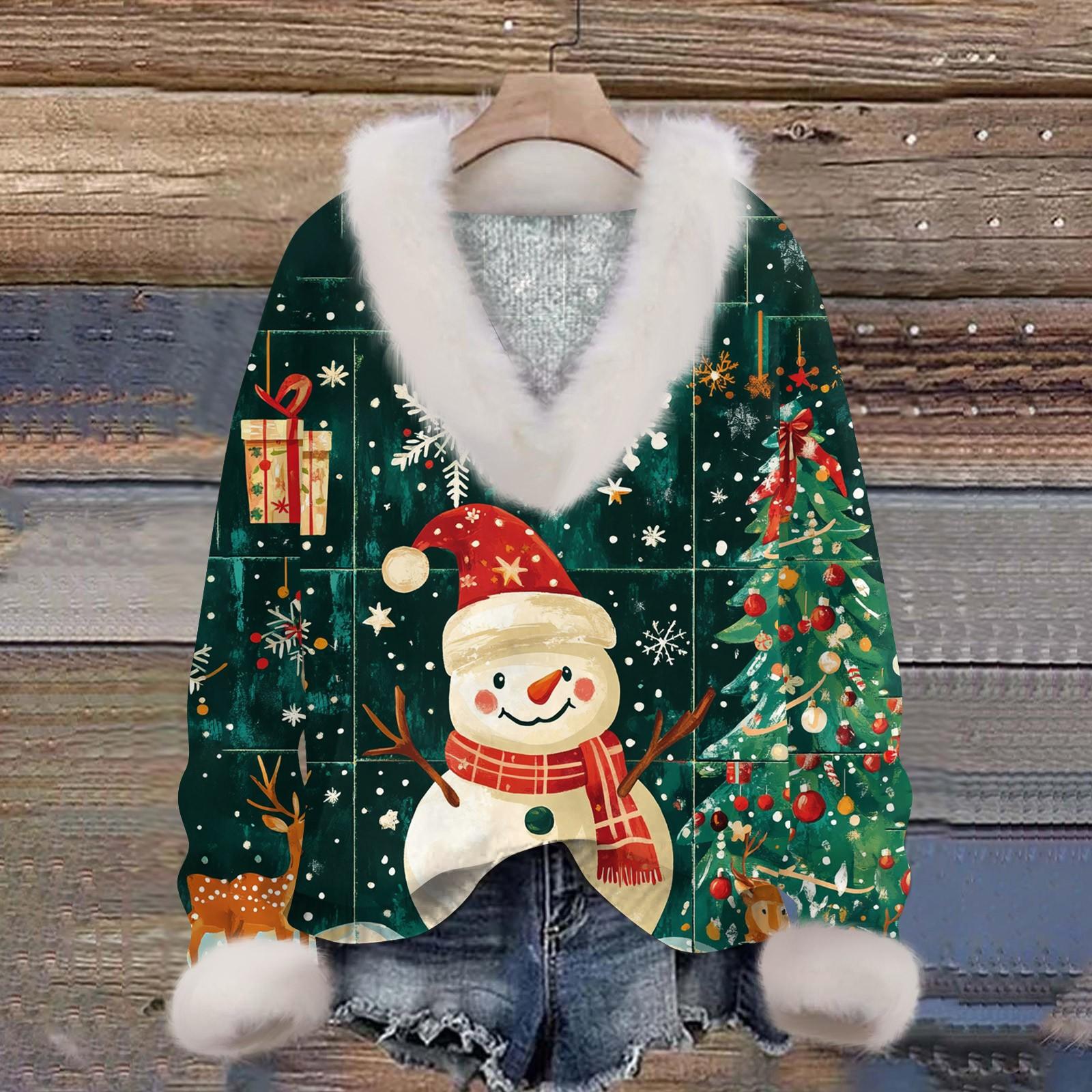 

Женская толстовка с длинным рукавом, рождественским принтом, плюшевым воротником, V-образным вырезом, пуловер M