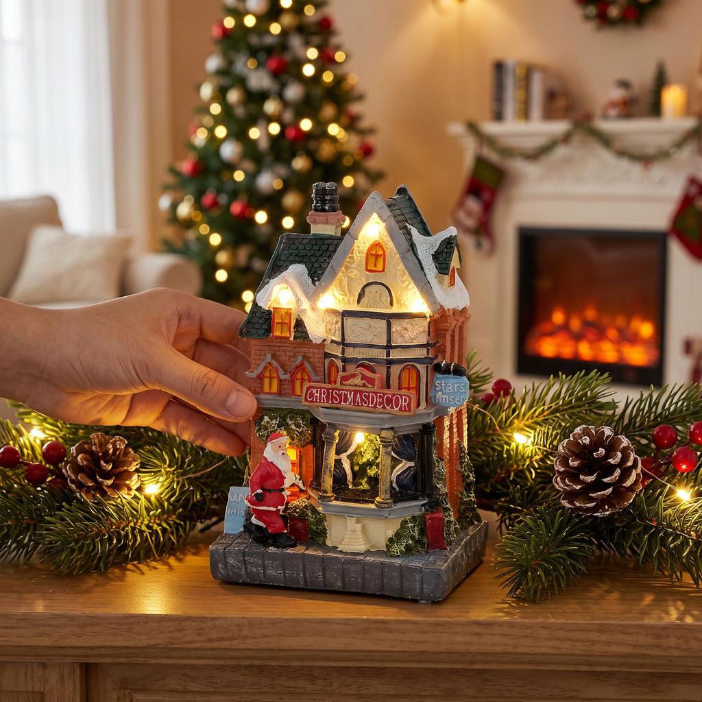 Christmas Resin Music Box Ornament with Lights -, Snowman and Decor for Holiday Table