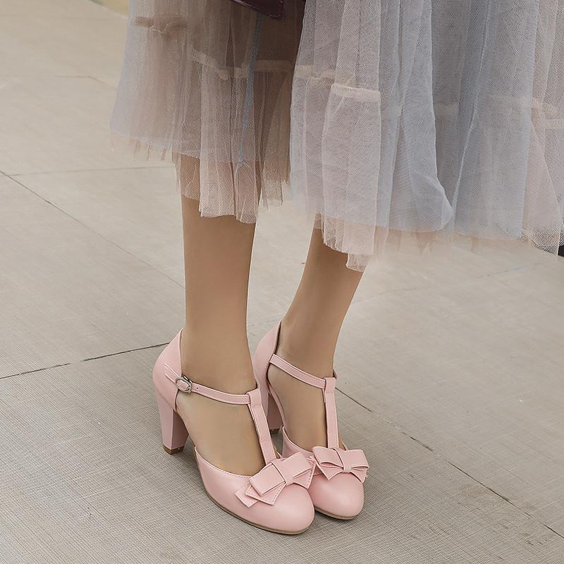 T-Straps Summer Women Sandals Fashion Pink Green Heels Lolita Shoes For Girls Sweet Bow-tied Office Wedding Shoes Large Size 44