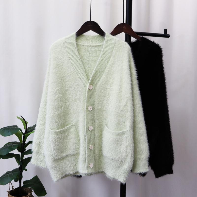 Imitation mink velvet knitted cardigan women's loose V-neck versatile solid color autumn and winter new sweater jacket thick