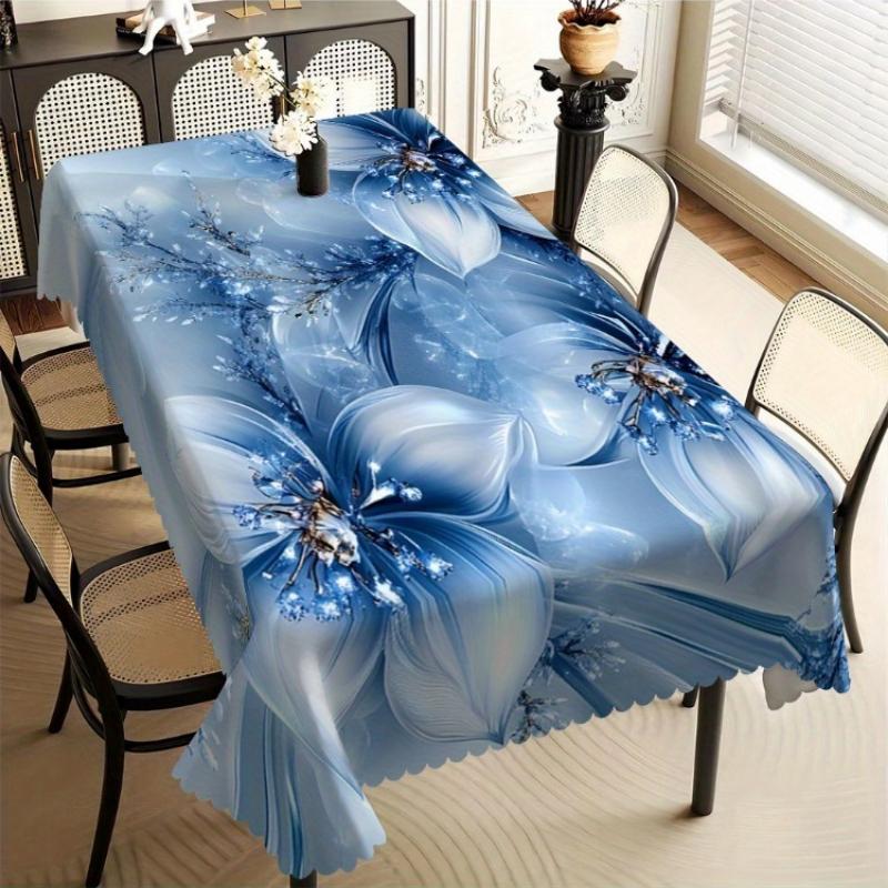 Elegante Blauwe Bloemenprint Tafelkleed, Abstract Lelie Ontwerp met Golvende Rand, Vlekbestendig voor Eetkamer & Romantische Decoratie 140x200cm