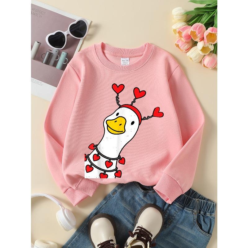 Girls' Crewneck Sweatshirt Duck with Hearts And Red Hat Machine Washable, Spring And Autumn, Sportswear And Casual Wear