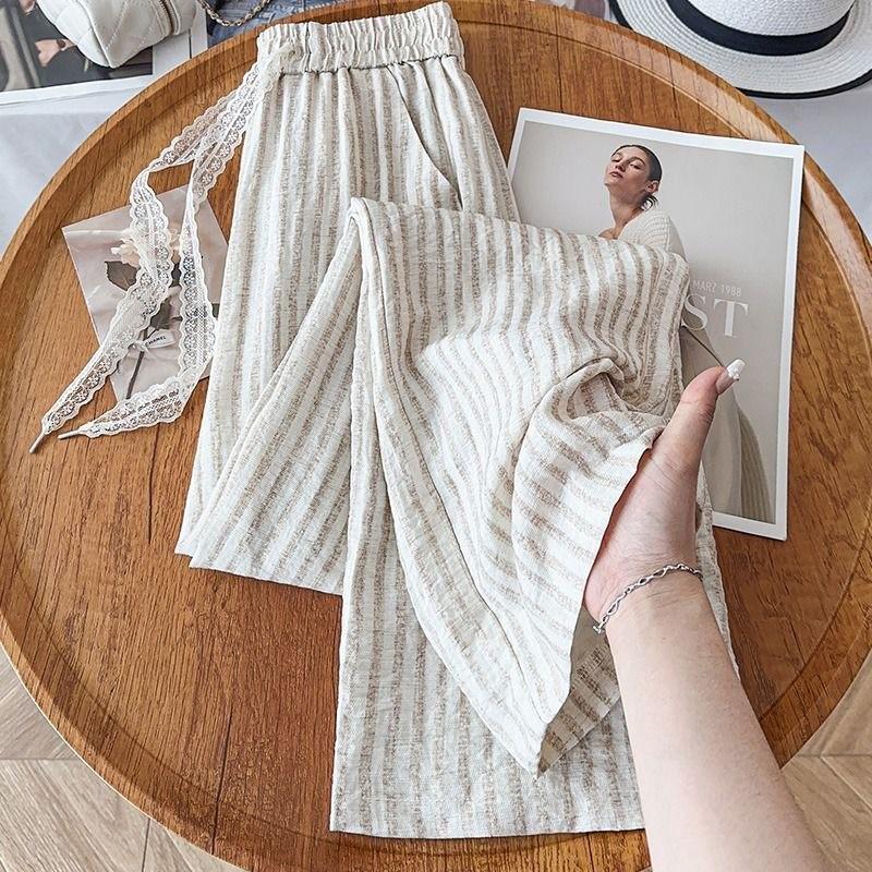 

Summer Women s Breathable Stripe Wide-Leg Pants - Comfortable, Elastic Waist, Flaw-Hiding, Perfect for Commuting and Casual Wear L (105-115 Jin) світло-бежевого кольору