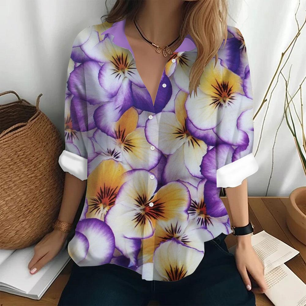 Women's Fashion Shirt Bottom Casual T-shirt Loose Lapel Top Long Sleeved Button Printed Clothing Party Elegant Women's Shirt