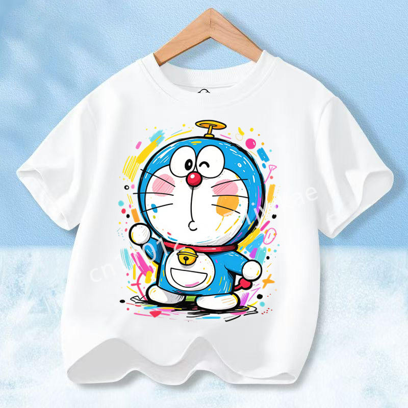 Doraemon Colorful T-shirt Printed Short-sleeved Outdoor Simple Comfortable Pullover Tops Summer Clothes Casuals Round Neck Shirt