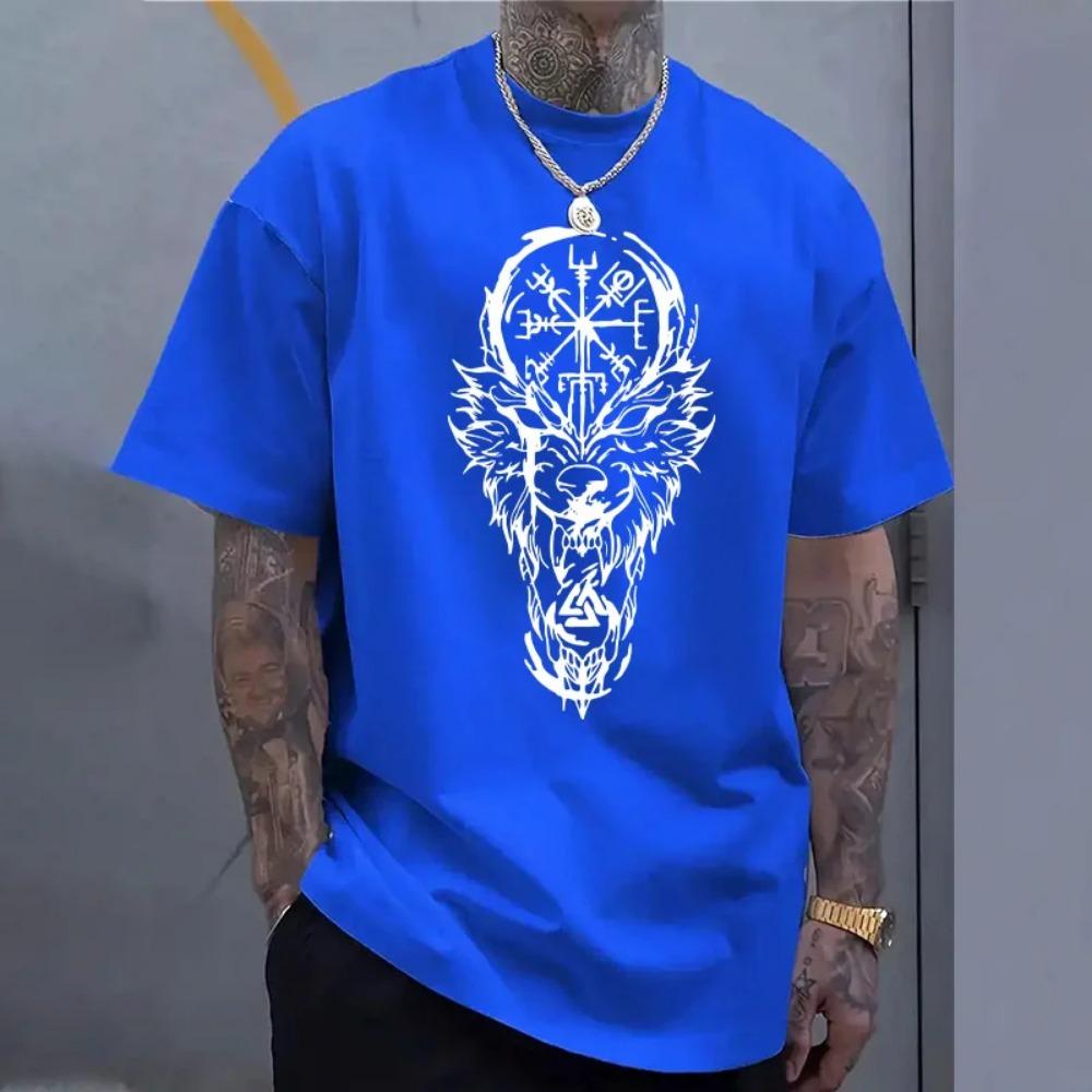 Men's casual T-shirt O-neck short sleeved top ancient crow wolf men's home outdoor comfortable soft T-shirt