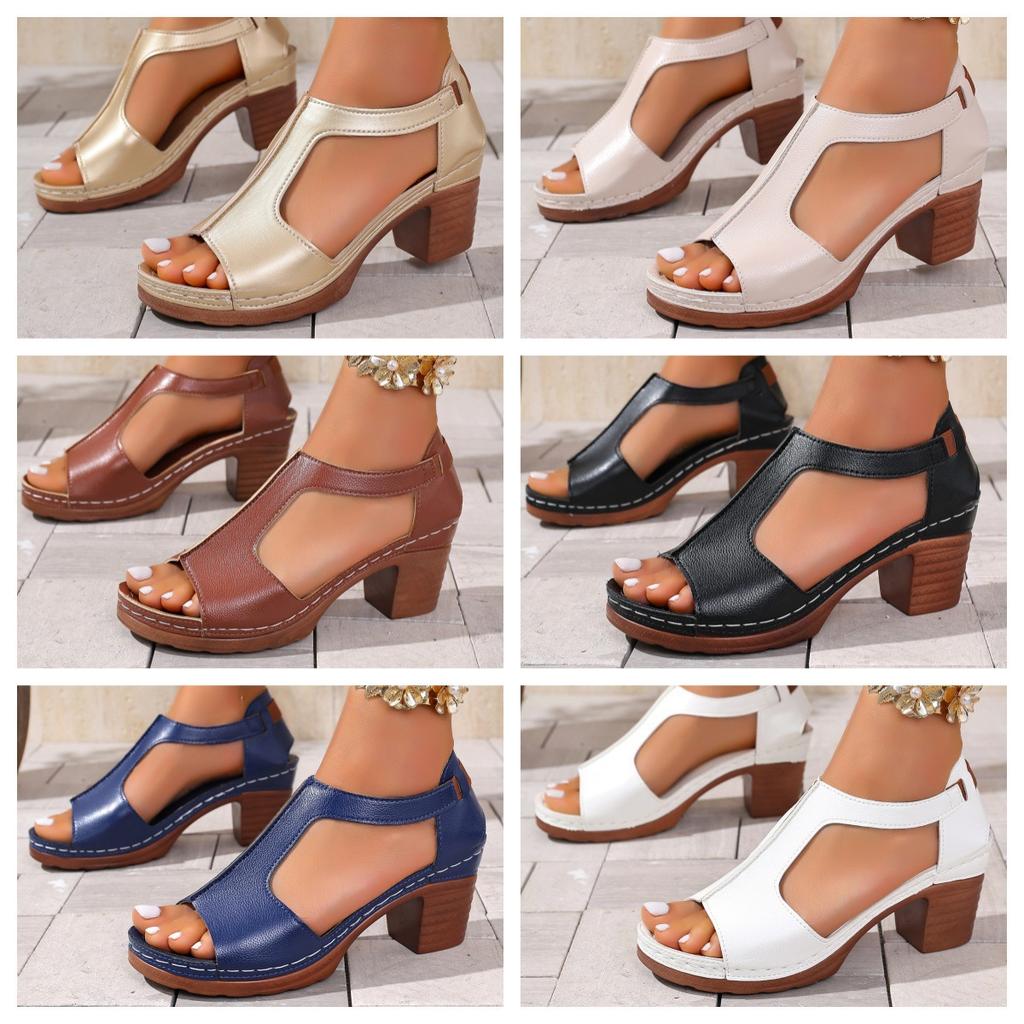 Vintage Hollow Out High Heels Sandals Women Summer Pu Leather Thick Heeled Sandals Woman Plus Size  Peep Toe Beach Shoes