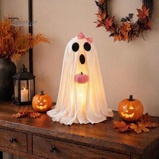 Children Party Favors Halloween Ghost Decoration, Light-Up White with Pumpkin, Indoor Holiday Home Decorations Cute Standing Tabletop for Decor