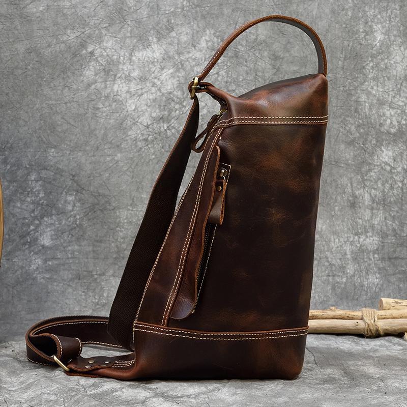 Retro Big Leather Chest Bag For Sports Hiking Biking Crossbody Bags Crazy Horse Leather Men Male Chest Packs Single Shoulder Bag