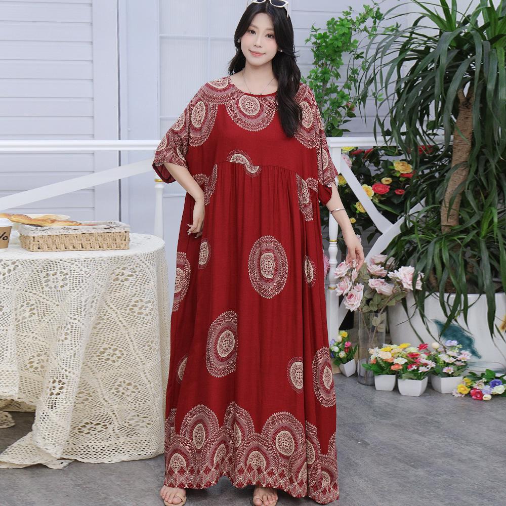 South East Asia 100kg super fat dress fat girl plus short sleeve maternity dress loose floral beach long skirt