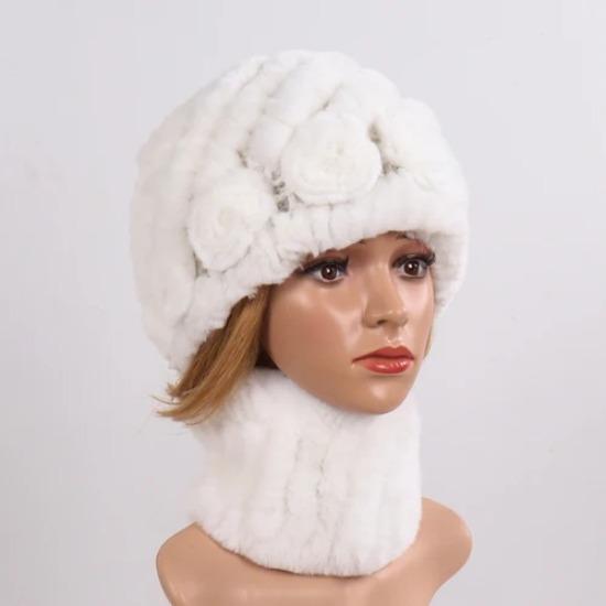 New Good Elastic Lady Winter Rex Rabbit Fur Hats Scarves Knitted Women Natural Fur Caps Scarves Sets 2 Pieces Hats Mufflers