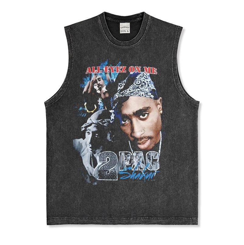 Canotta Senza Maniche Tupac Grafica Retro High Street Cotone Pesante