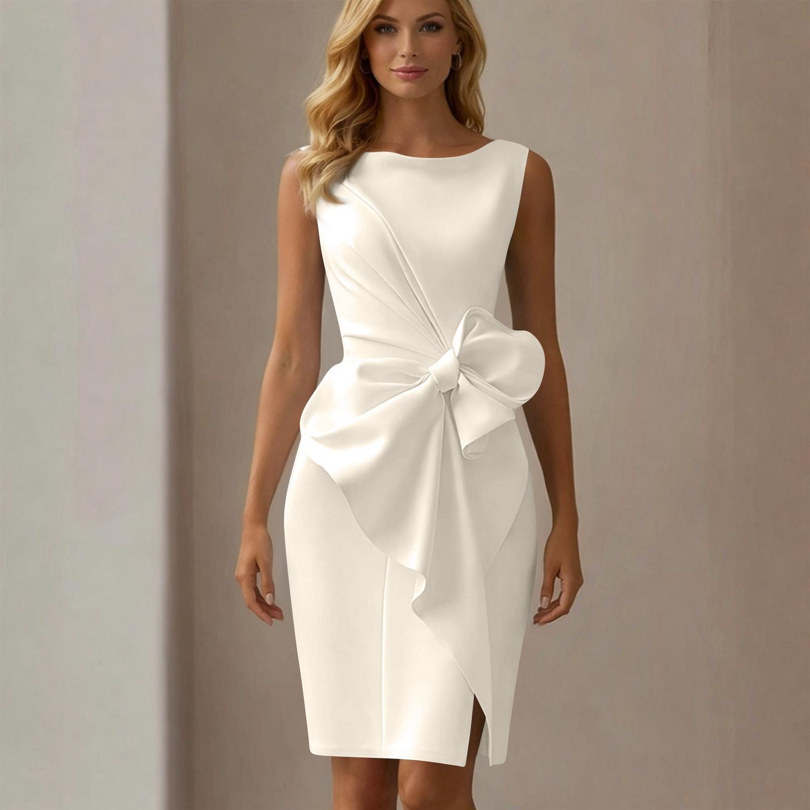 

Жіноча Модна Кольорова Круглий Виріз Без Рукавів Блискавка Бант Розріз Тонкий Крій Сукня XL білий