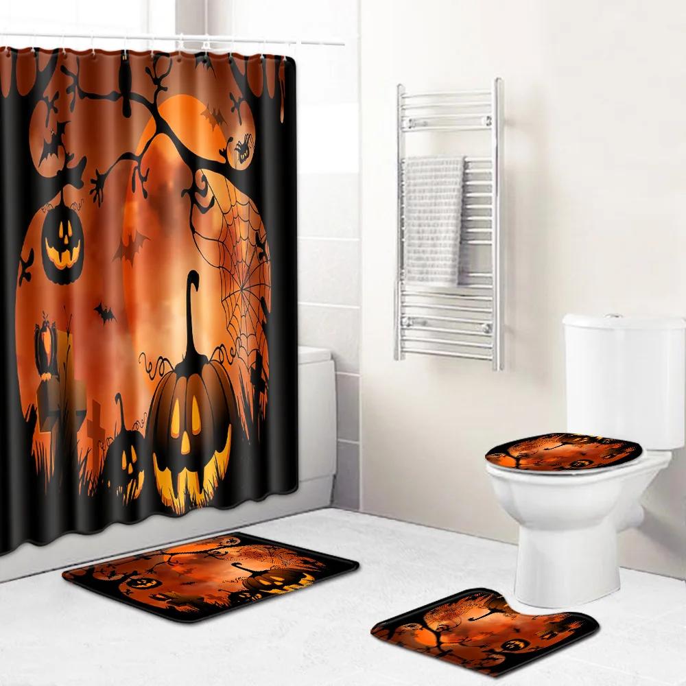 4-piece Set of Halloween Pumpkin Ghost Printed Waterproof Shower Curtain with Hooks, Bathroom Floor Mat, U-shaped Mat