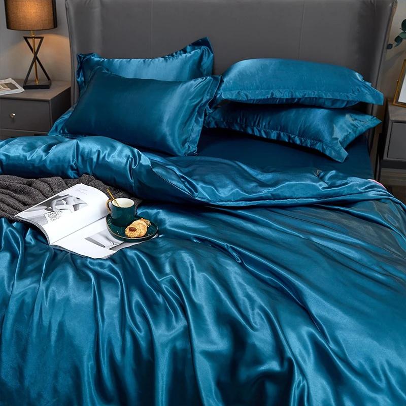 4 PCS Bedding Set Luxury Rayon Satin Duvet Cover Queen High Quality Smooth Quilt Cover Solid High End Single Double Comforter Cover