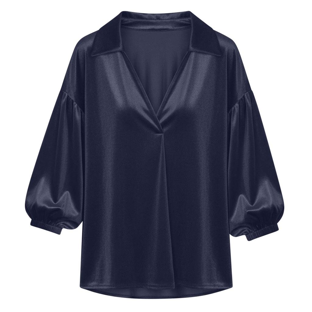 Women’s Loose Fit Satin Blouse with V Neck Collared Design and Three Quarter Puff Sleeves for Casual or Office Wear