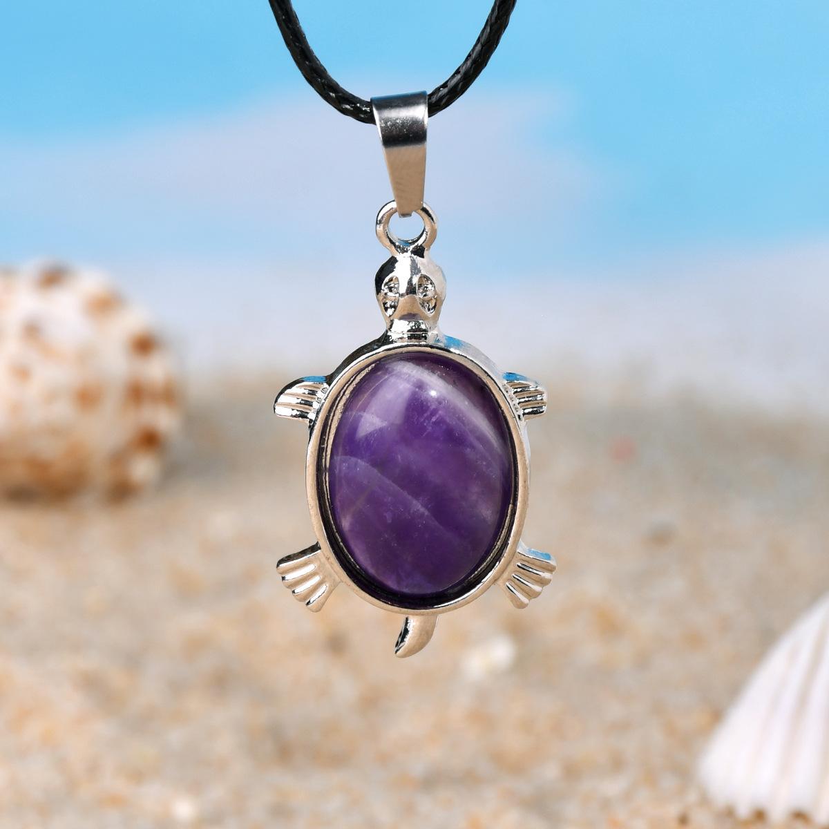 

Natural stone pendant turtle necklace - for both men and women - leather string necklace accessory аметист