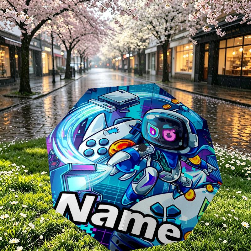 Custom Name Personalized Cosmic Bot Crew Print Umbrella, Auto Open Close, 8‑Rib Sturdy Frame, Commute Camping Hiking Use, Birthday Gift
