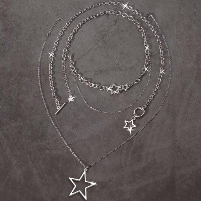 Trendy Y2K Star Pendant Necklace Vintage Goth Simple Multi Layered Metal Chain Necklace Women Charm Statement Jewelry Gifts