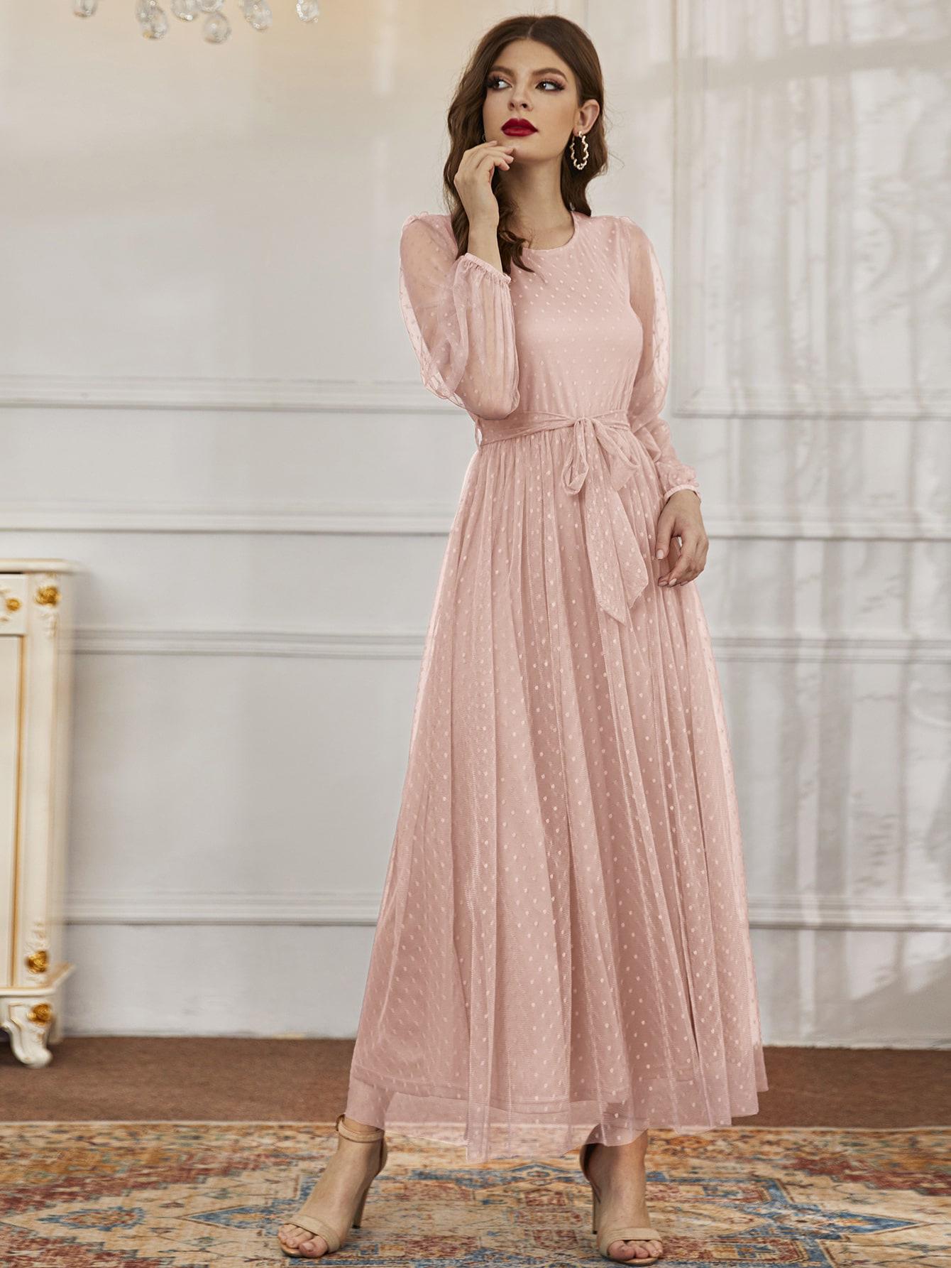 

Hot-Selling European & American Women s A-Line Mesh Dress with Belt, Round Neck, Spring/Summer Small розовый