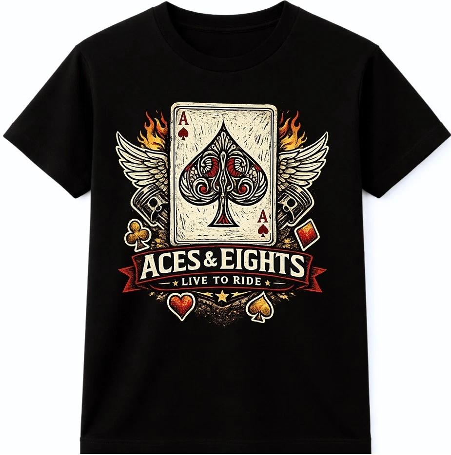 Poker Skull T Shirt Aces And Eights Dead Man Hand Biker Live To Ride Graphic Tee S