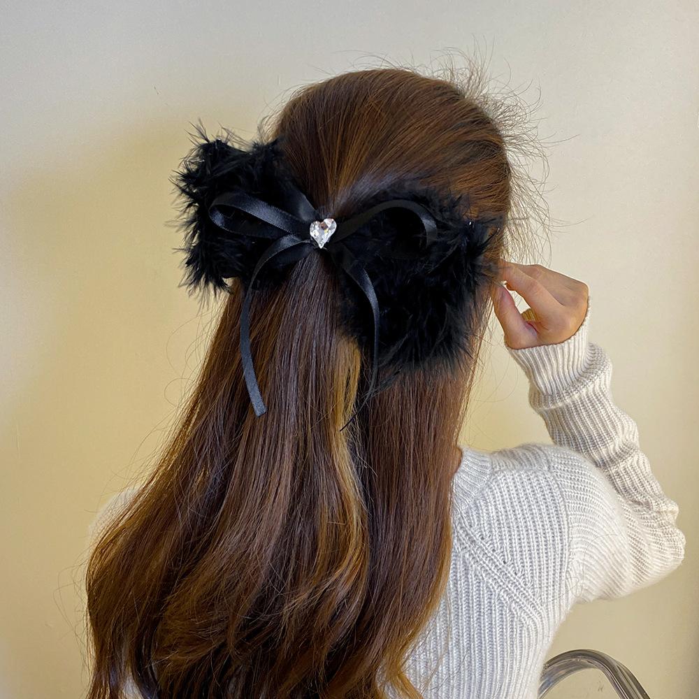 

Заколка для волос с бантом из перьев и кристаллов, плюшевая фея, пружинная заколка, милая заколка для волос в виде ленты Balletcore, подарки