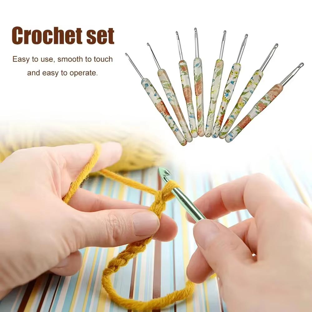 8-Piece Crochet Tool Set Aluminum Manual Knitting Set DIY Craft Kit with OPP Bag Printed Design for Crochet Enthusiasts