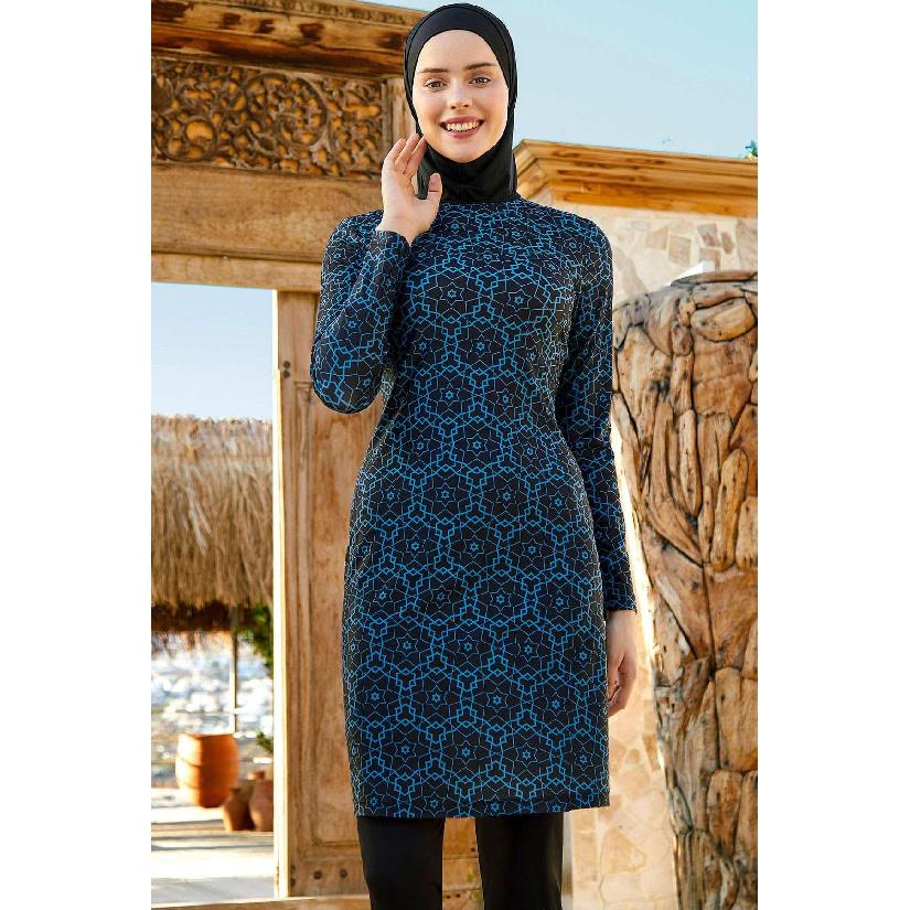 Costum de baie modest din 2 piese pentru femei musulmane, cu imprimeu albastru fluture cu frunze, costum de baie cu acoperire completă, set costum de baie pentru plajă, costum de baie burkini, multicolor