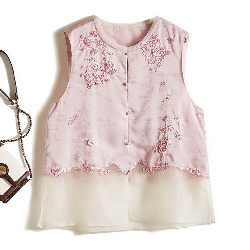 

Works of Art! Satin Embroidered Beads Single-Breasted Fake Two-Piece Nude Vest Women Summer Organza Stitching Outerwear Pink L