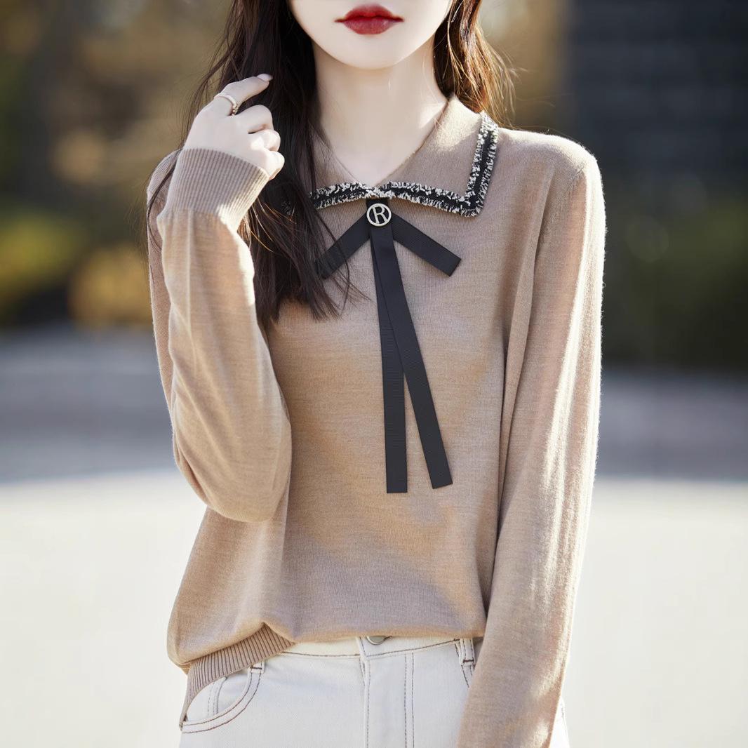 

Women s Polo Collar Merino Wool Cardigan with Ribbon Bow S