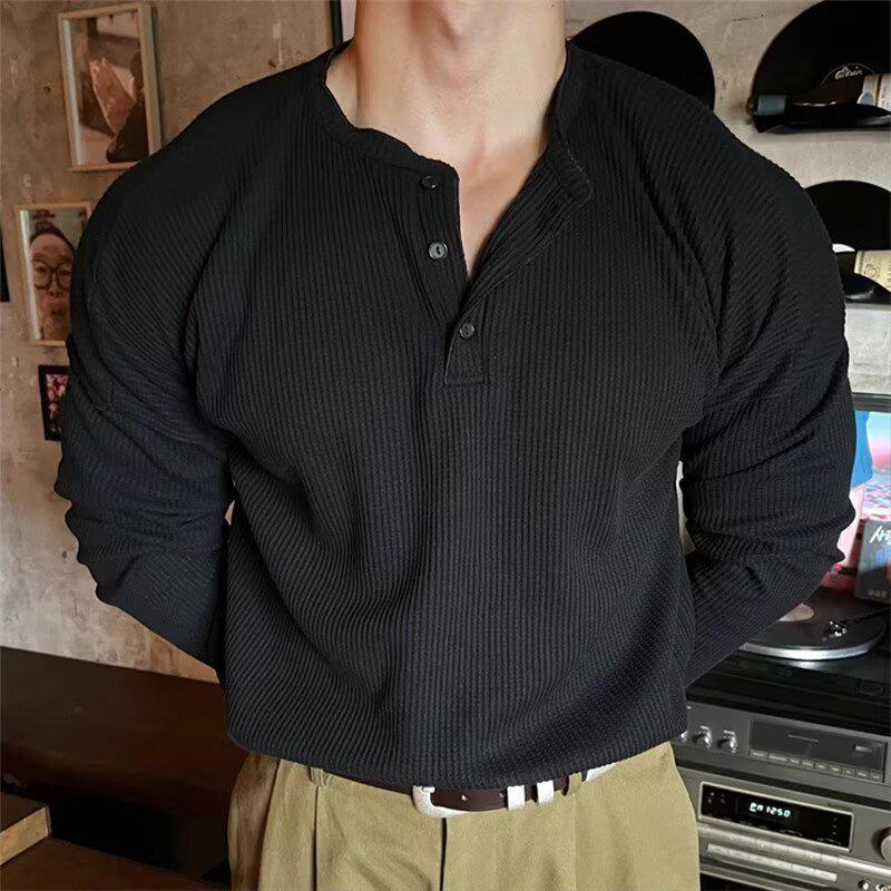 Herren Plus Size Waffelstrick Henley Langarm Slim Fit Hemd