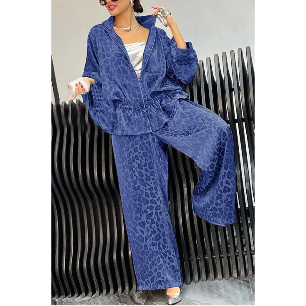 Completo Due Pezzi da Donna in Velluto con Stampa Leopardo Giacca con Zip e Pantaloni a Gamba Larga Tuta
