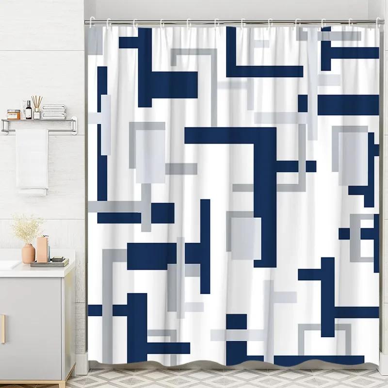 Moderní geometrická sprchová závěs s pruhovanými křivkami Černobílé čtverce Minimalistická neutrální dekorace do koupelny