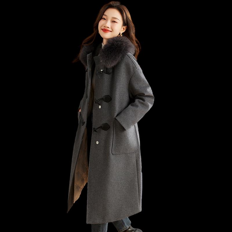 Shang Jing 2025 Winter Women's Faux Fur Lined Long Wool Blend Coat