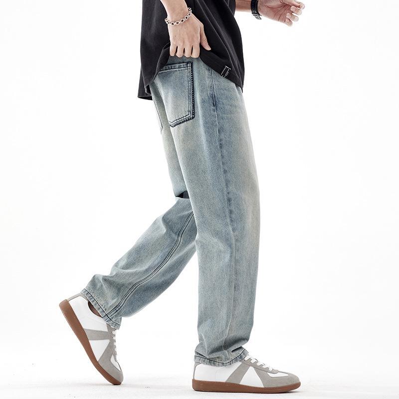 Men's Blue Retro Distressed Wide-Leg Jeans