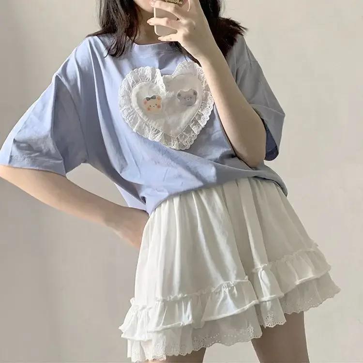 White Lace Mini Skirt for Women Girl A-line Short Skirt Kawaii Cute Preppy Style Student High Waist Clothes