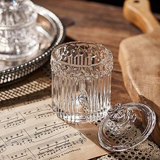 Floral Crystal Glass Relief Flower Candy Dish Swab Box Storage Jar with Lid, 5x3.5 Inches, 8 Oz, 1 Count