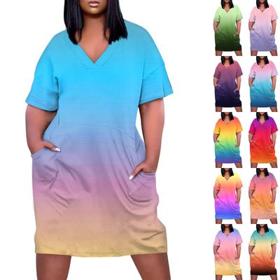 Zomer Plus Size V-hals Korte Mouw Kniezak Verloop Print Casual Jurk Voor Vrouwen
