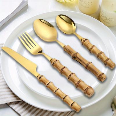 4Pcs Mirror Stainless Steel Cutlery Set Wood Bamboo Root Handle Dinnerware Knife Spoon Cake Fork Tableware Kitchen Silverware