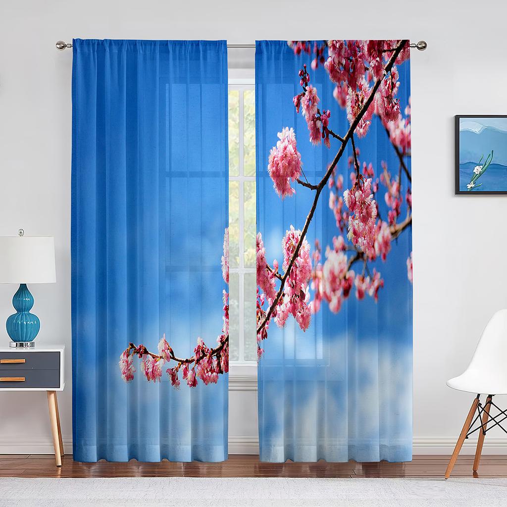 Cherry Blossom Sheer Voile Curtain Floral Sakura Blossom Pink Flower Window Tulle Curtains for Living Room Bedroom Kitchen Decor