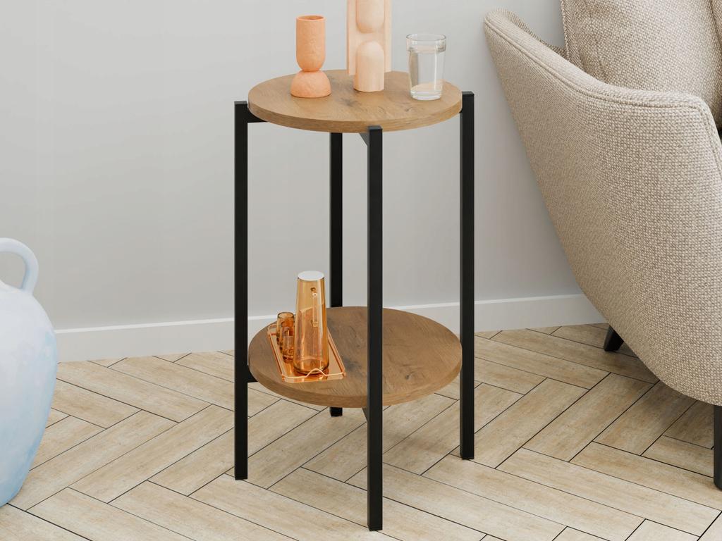 Stolik Pomocniczy Okrągły Loft Z Półką 35X35X62 Cm Metalowy Czarny