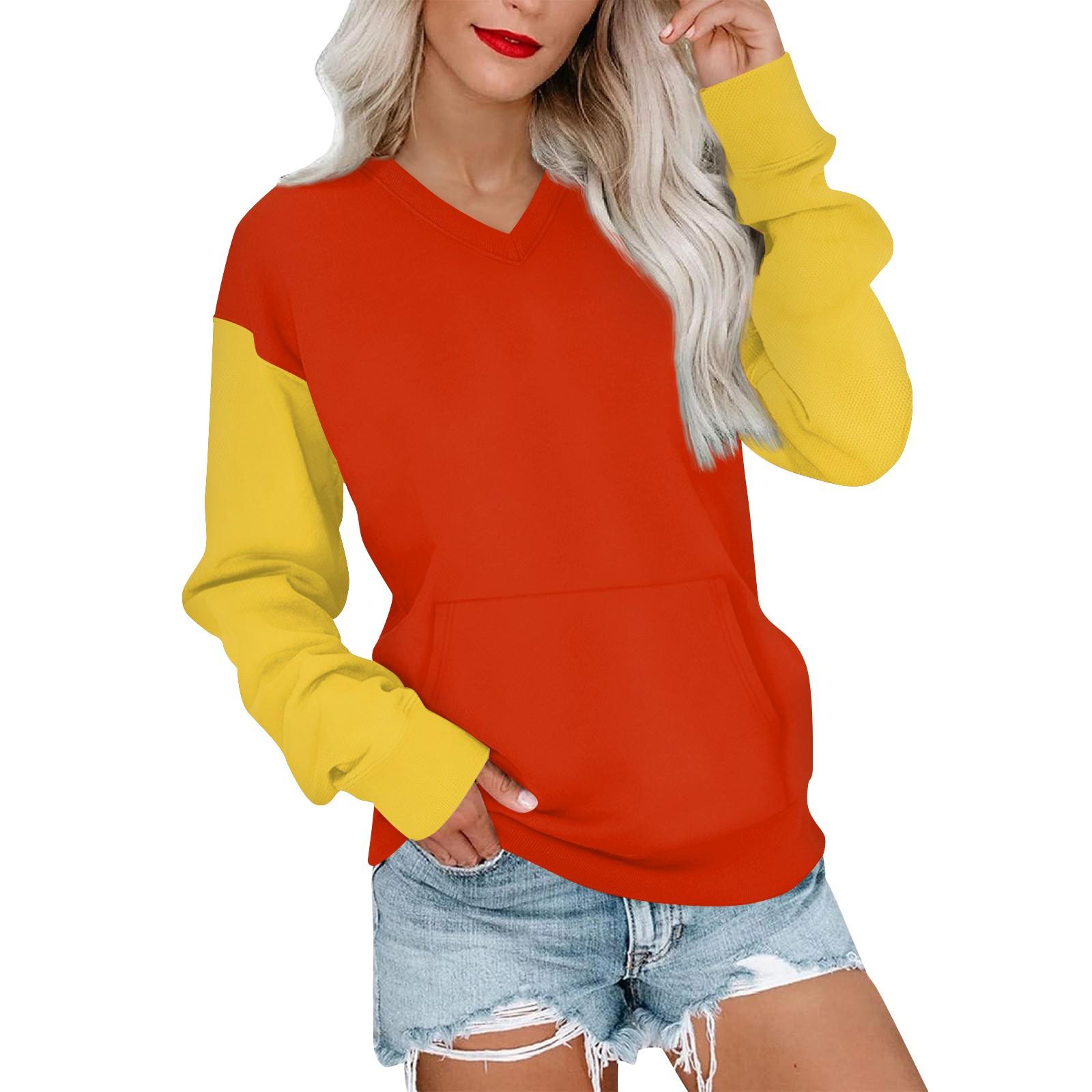 

Жіночий повсякденний модний світшот з V-подібним вирізом, довгим рукавом та кольоровим блокуванням, легкий пуловер з кишенями M жовтий