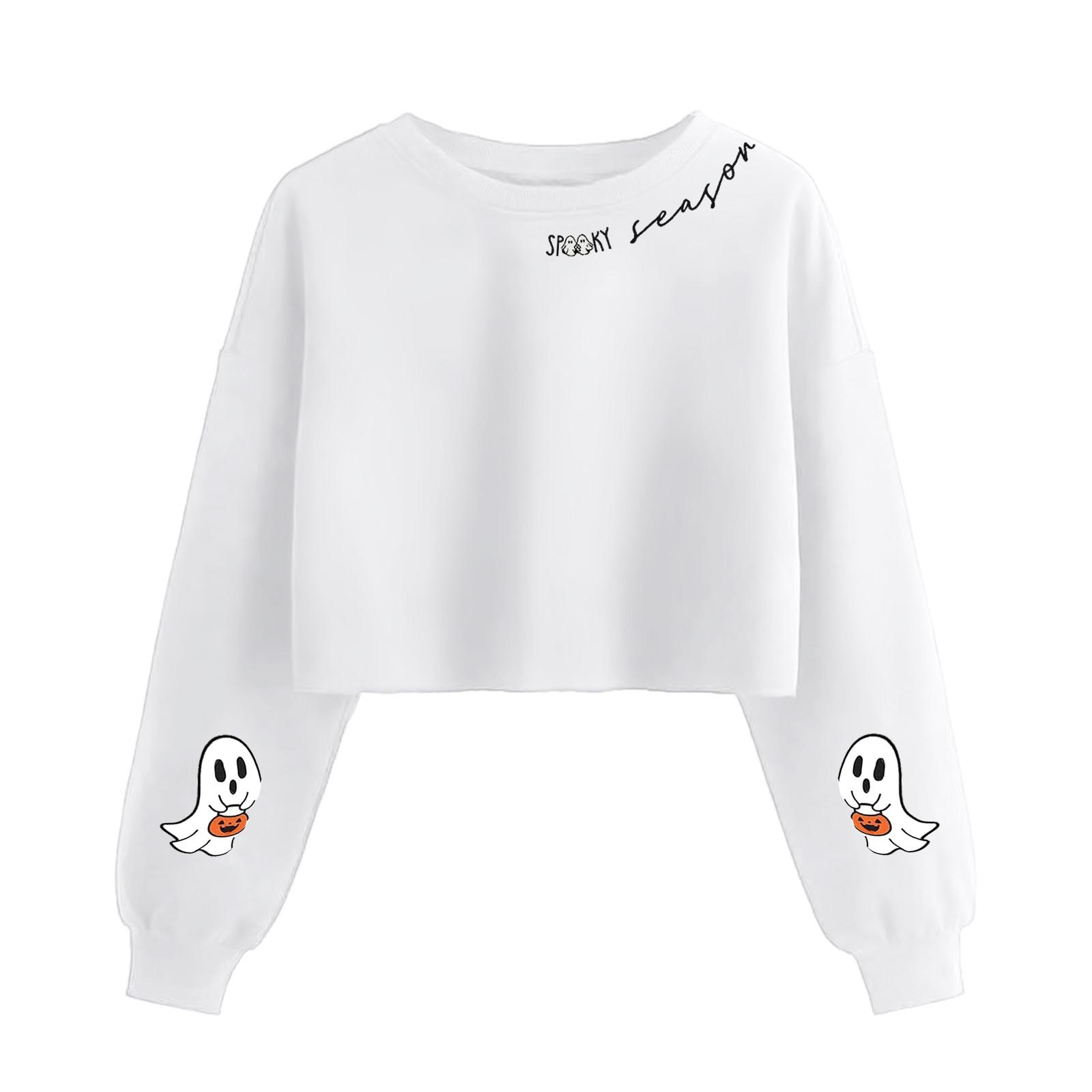 

Женский модный пуловер с длинными рукавами и жутким принтом на Хэллоуин, открывающий живот M белый