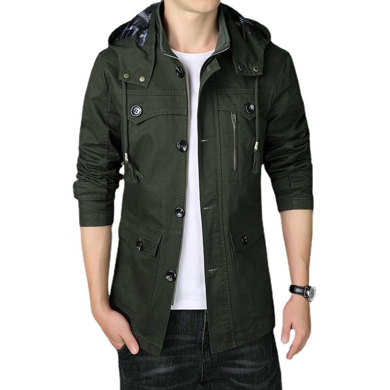 Men's Mid-Length Hooded Jacket - 100% Cotton, Casual Spring/Autumn Trench Coat