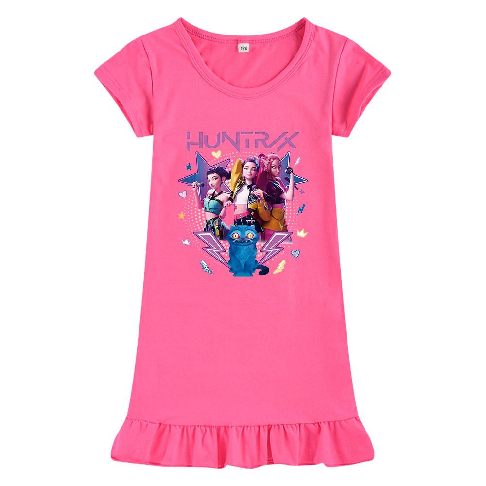 M1216 Kids Girls Kpop Rumi Zoey Mira Print Short Sleeves Ruffle Dress