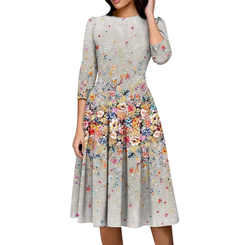 Damska sukienka casualowa i modna z 3/4 rękawami, kieszenią i zamkiem błyskawicznym z tyłu