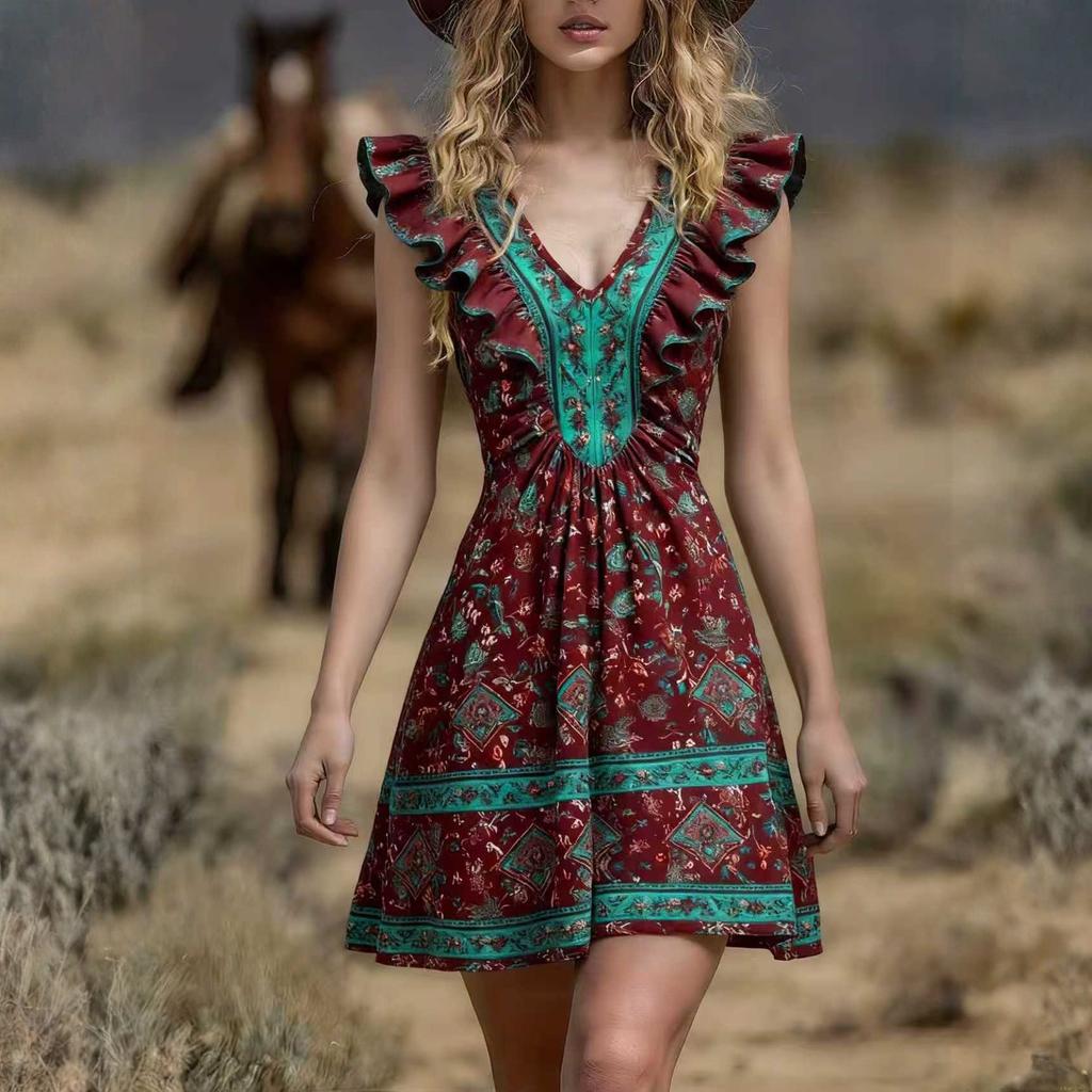 Women's Dress Casual Flowy Dresses  V-neck Vocation Boho Beach Sundress