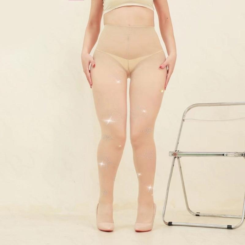 Women Sheer Stockings Sparkling Rhinestones Star Pattern Tights High Elastic Silky Pantyhose Thin See Through Leggings