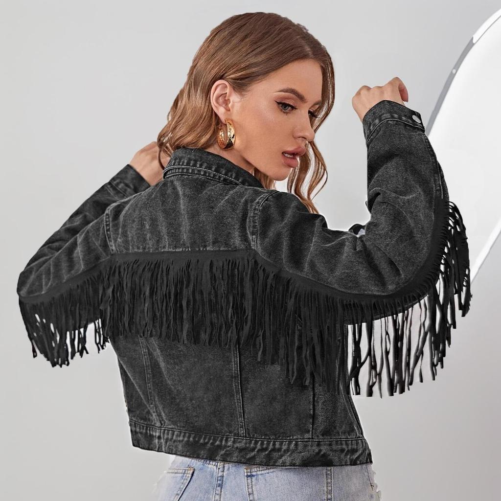 Giacca di jeans da donna con frange Giacca corta invecchiata Amazon Denim Tops